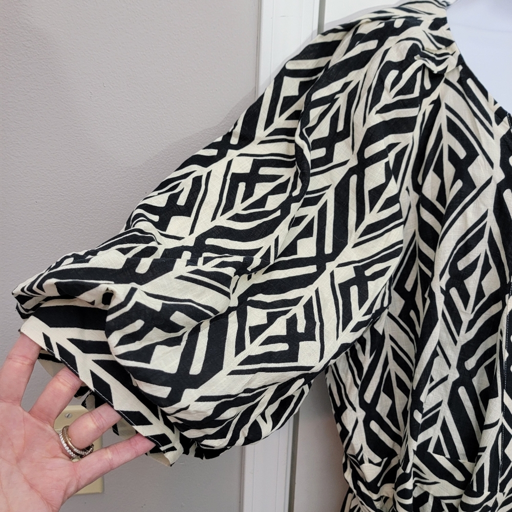 NWT Banana Republic Balloon Sleeve Midi Wrap Dress Black White Geometric XXL - Picture 5 of 10